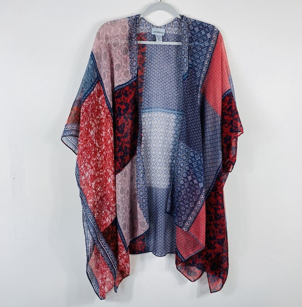 Catherines Top One Size Mixed Print Layering Kimono Casual Red Blue